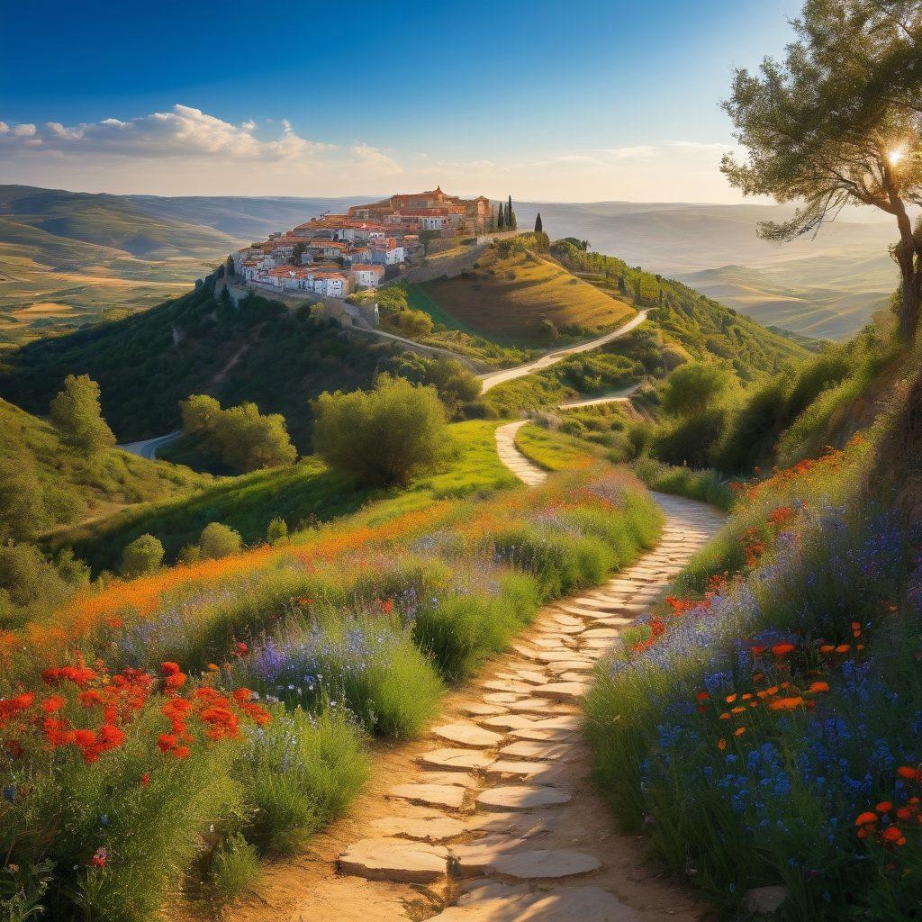 A breathtaking view of Montecastelo showcasing rolling hills under a bright blue sky, dotted with cheerful wildflowers in vibrant colors. A winding path leads towards a quaint village, with smiling locals engaging in joyful conversations and children playing. The scenery embodies a lively, optimistic atmosphere that invites exploration and discovery. The sunlight casts a warm golden hue over the landscape, enhancing the cheerful spirit. super-realistic. vibrant colors. 3D.