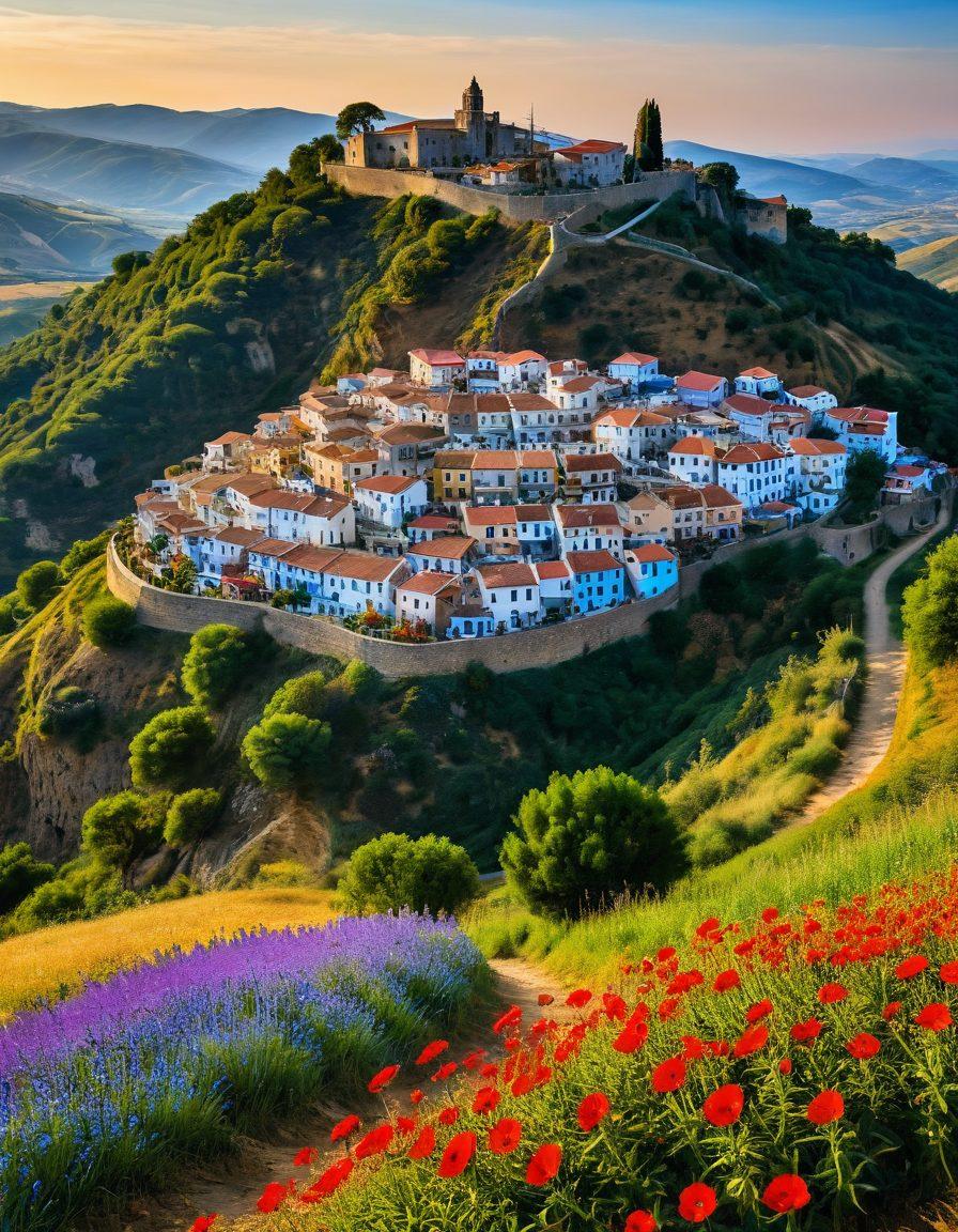 A vibrant landscape of Monte Castelo showcasing rolling hills, colorful wildflowers, and a bright blue sky. Include a small village with traditional houses, locals engaging in festive celebrations, and a winding path inviting viewers to journey through the scene. The atmosphere should exude joy and cultural richness, capturing the essence of exploration. super-realistic. vibrant colors. panoramic view.