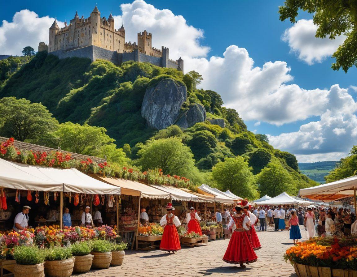 A picturesque view of Castle Hill, showcasing vibrant local culture with traditional dancers in colorful attire performing in the foreground. Surrounding the castle are lush green landscapes and charming local vendors selling handmade crafts. The sky is a brilliant blue with fluffy clouds, emphasizing a joyful atmosphere. Include historical architectural details of the castle, reflecting a blend of old world charm and lively culture. super-realistic. vibrant colors.